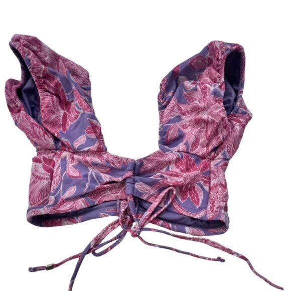 Pink Purple Floral Bikini Swim Top Size Medium Stretch Adj Straps Puff Sleeves - Picture 4 of 10
